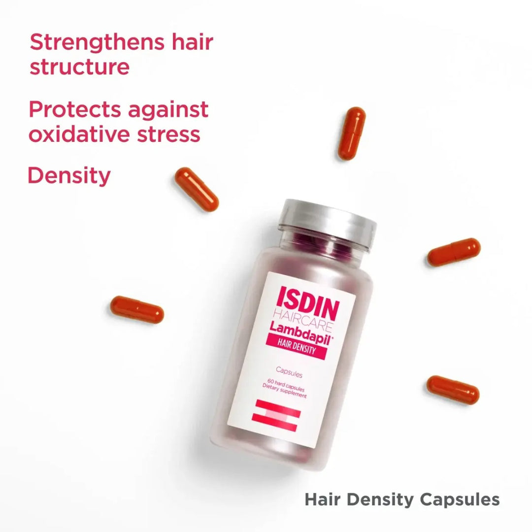 ISDIN Lambdapil Hair Density Capsules bottle surrounded by orange capsules with text strengthens hair structure protects against oxidative stress density