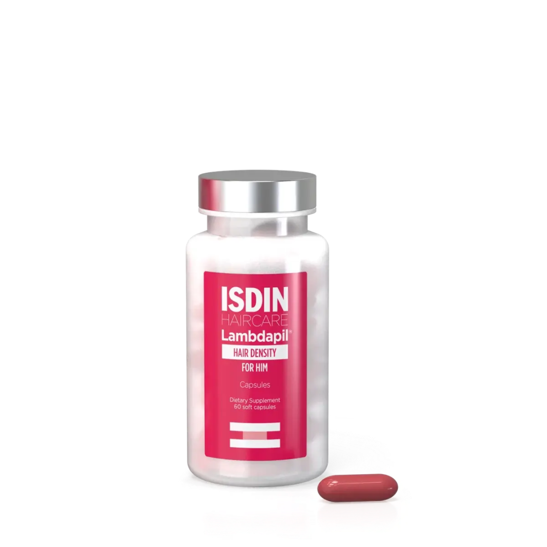 ISDIN Lambdapil Hair Density Capsules For Him 60 count bottle with silver cap and a dark red capsule beside it