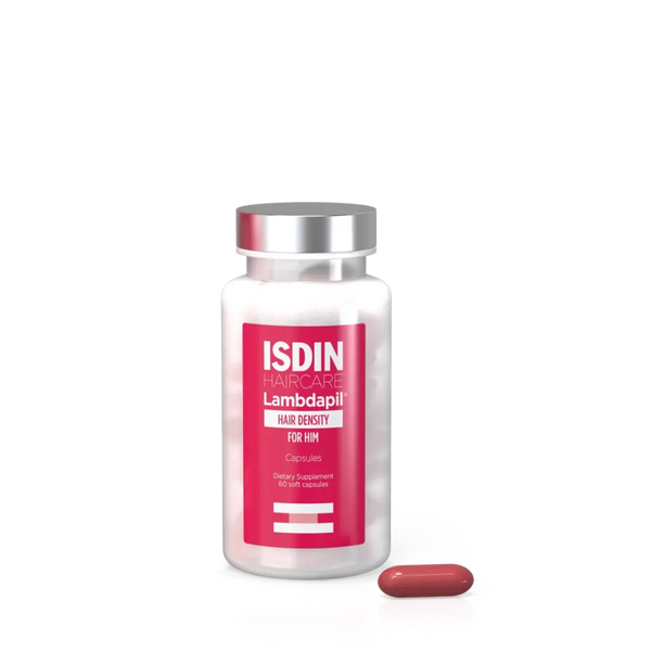 ISDIN Lambdapil Hair Density Capsules For Him 60 count bottle with silver cap and a dark red capsule beside it