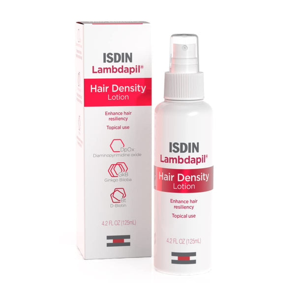 ISDIN Lambdapil Hair Density Lotion 4.2oz spray bottle beside its box with text enhance hair resiliency topical use DpOx diaminopyrimidine oxide GkB ginkgo biloba Bt D-biotin