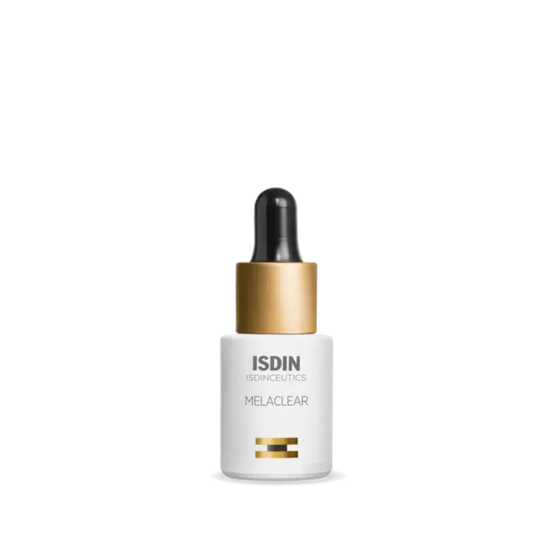 ISDIN Melaclear Serum 15ml dropper bottle with gold collar and black dropper cap