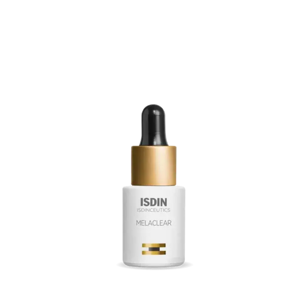 ISDIN Melaclear Serum 15ml dropper bottle with gold collar and black dropper cap