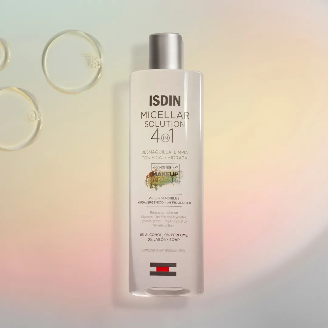 ISDIN Micellar Solution bottle lying on iridescent background with micelle bubble graphics