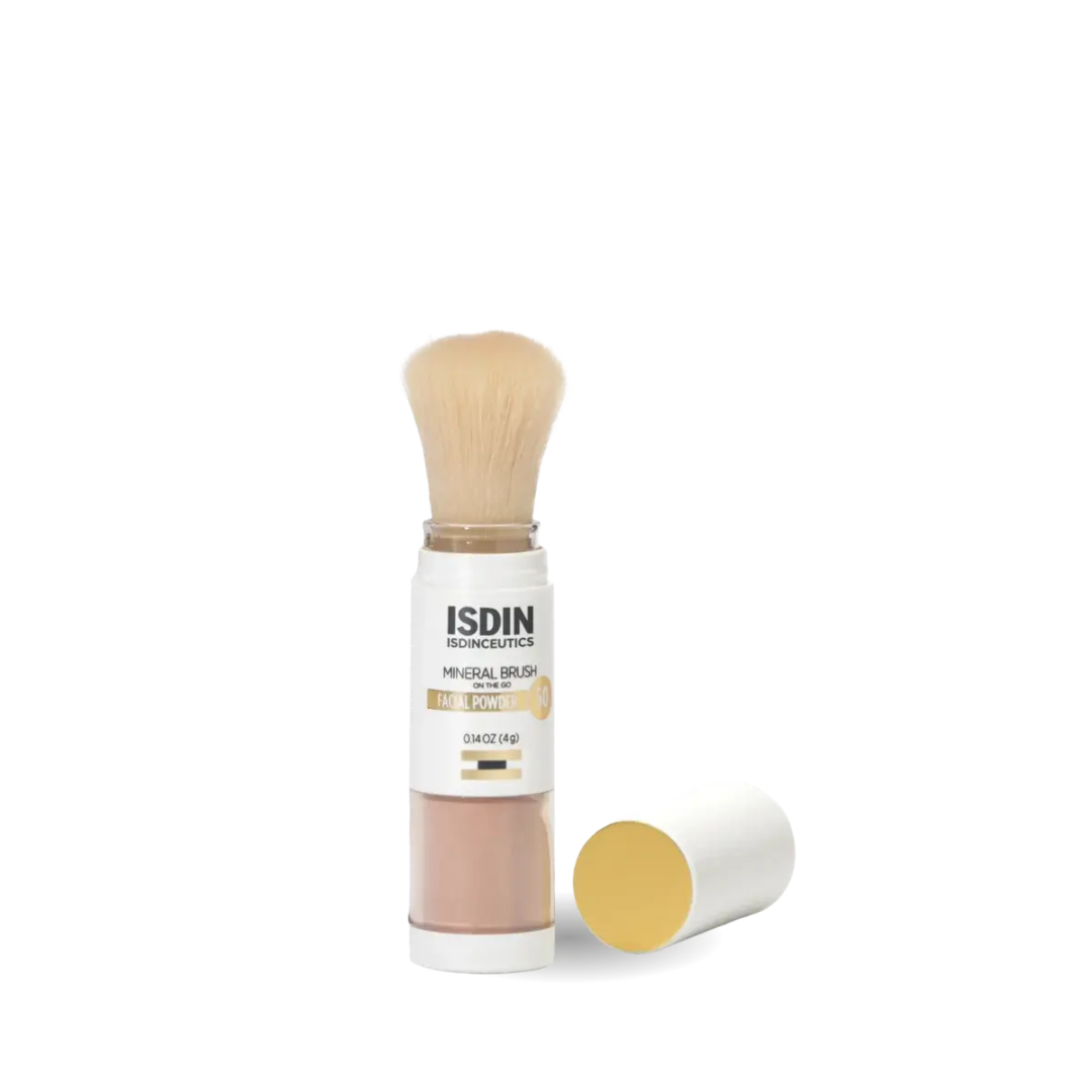 ISDIN Mineral Brush 0.14 oz facial powder SPF 50 kabuki brush with cap removed showing bronze mineral powder