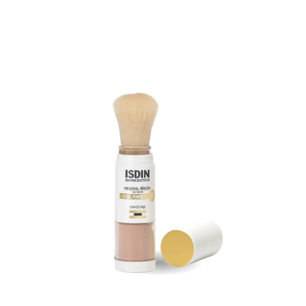 ISDIN Mineral Brush 0.14 oz facial powder SPF 50 kabuki brush with cap removed showing bronze mineral powder