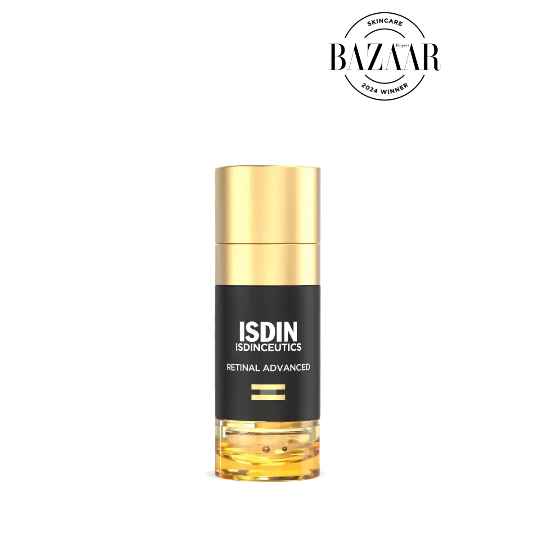 ISDIN Retinal Advanced serum bottle with gold cap and Harpers Bazaar Skincare 2024 Winner badge