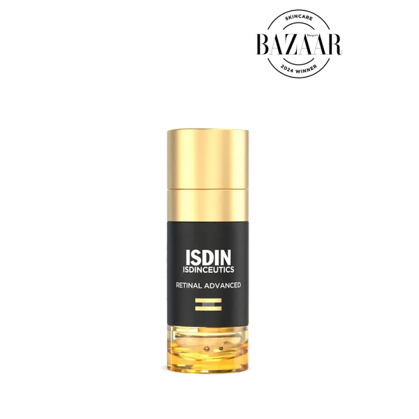 ISDIN Retinal Advanced serum bottle with gold cap and Harpers Bazaar Skincare 2024 Winner badge