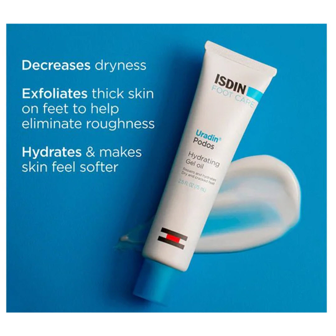 ISDIN Uradin Podos Hydrating Gel Oil tube on blue background with gel oil swatch and text decreases dryness exfoliates thick skin on feet to help eliminate roughness hydrates and makes skin feel softer