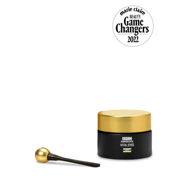 ISDIN Vital Eyes 0.53oz jar with gold ball applicator tool and Marie Claire Beauty Game Changers 2022 badge