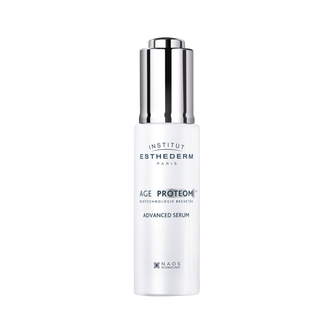 Institut Esthederm AGE PROTEOM Advanced Serum bottle with dropper cap, patented biotechnology serum shown against a white background