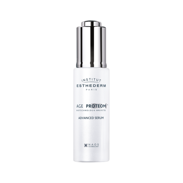 Institut Esthederm AGE PROTEOM Advanced Serum bottle with dropper cap, patented biotechnology serum shown against a white background