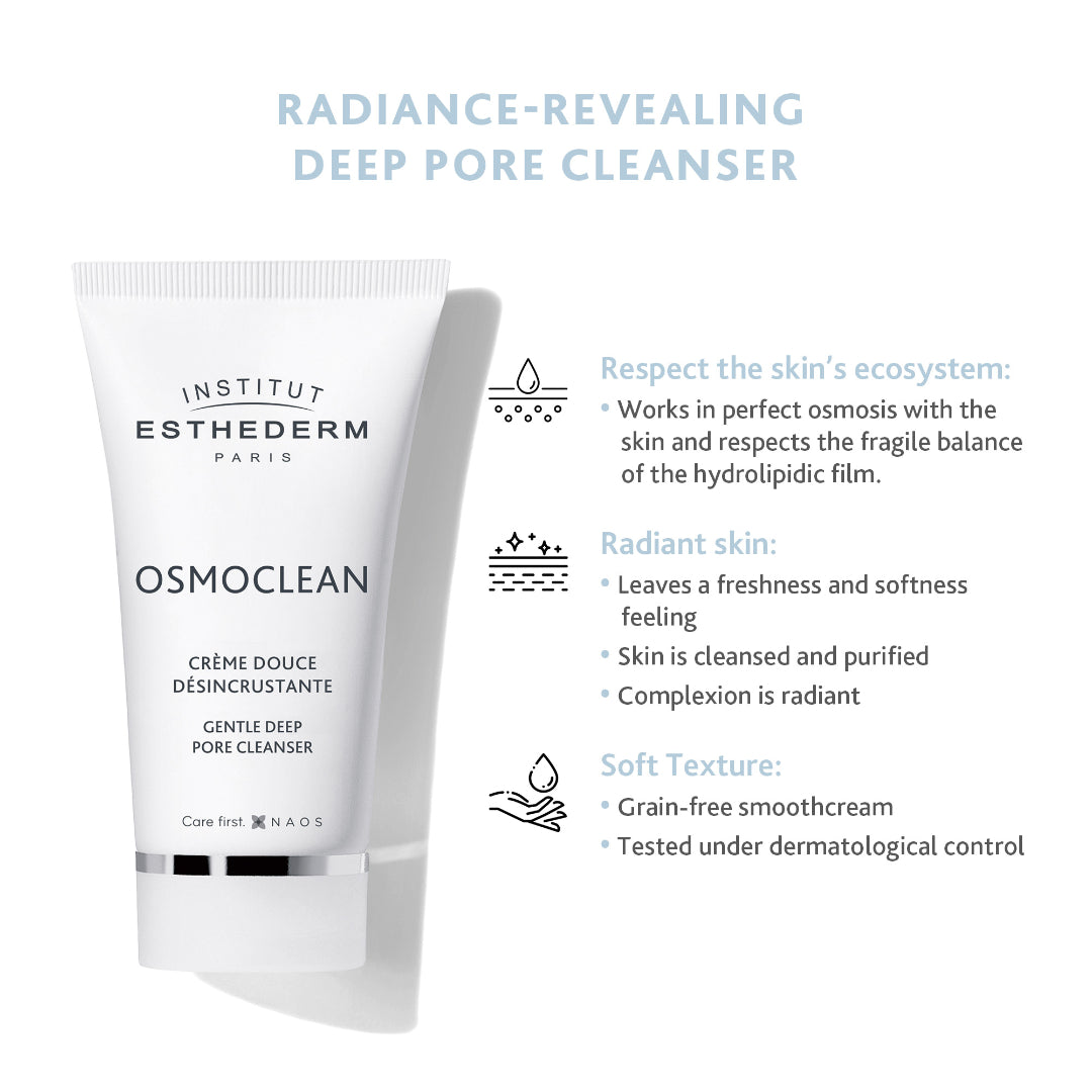 Institut Esthederm Osmoclean Gentle Deep Pore Cleanser radiance-revealing deep pore cleanser: respects the skin's ecosystem and hydrolipidic film, leaves a freshness and softness feeling with a radiant complexion, soft grain-free smoothcream texture tested under dermatological control