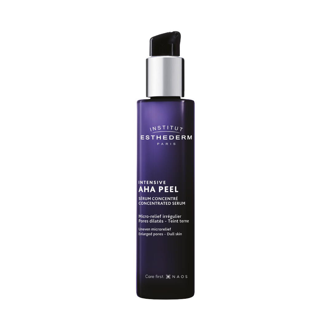 Institut Esthederm Intensive AHA Peel Concentrated Serum bottle shown against a white background, for uneven microrelief, enlarged pores and dull skin