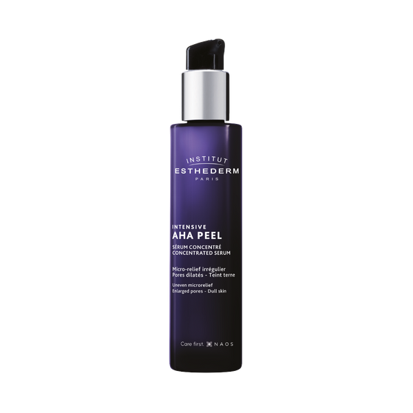 Institut Esthederm Intensive AHA Peel Concentrated Serum bottle shown against a white background, for uneven microrelief, enlarged pores and dull skin