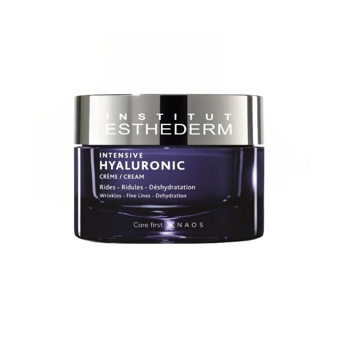 Institut Esthederm Intensive Hyaluronic Cream jar shown against a white background, for wrinkles, fine lines and dehydration