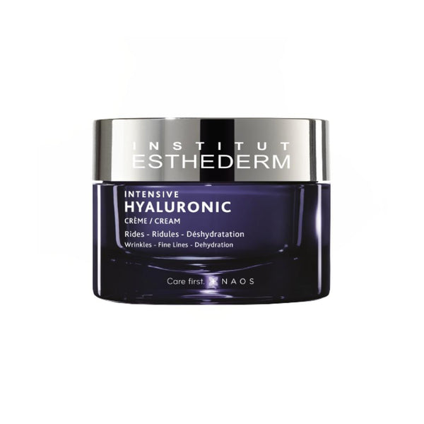 Institut Esthederm Intensive Hyaluronic Cream jar shown against a white background, for wrinkles, fine lines and dehydration