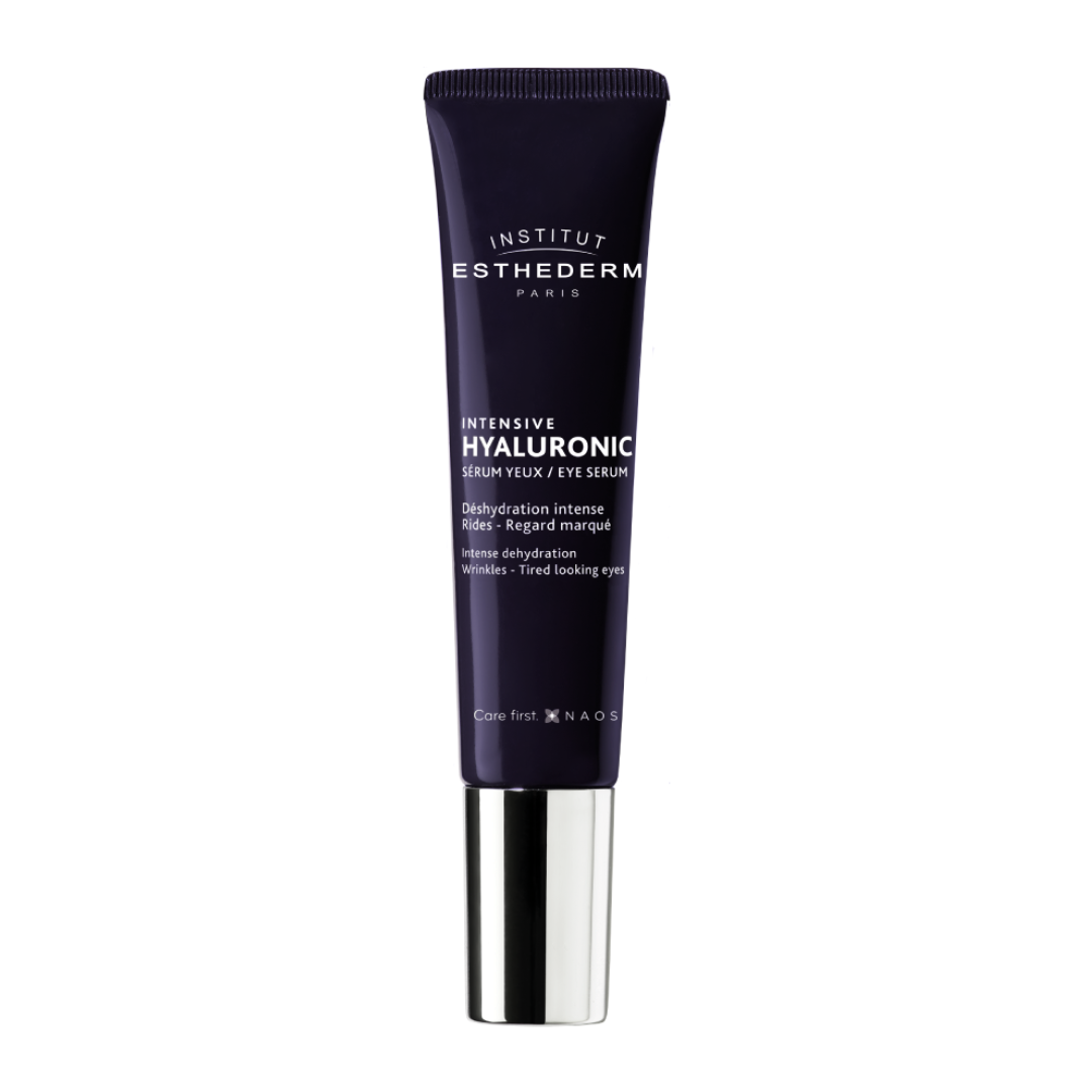Institut Esthederm Intensive Hyaluronic Eye Contour Serum tube with cooling metal applicator tip, for intense dehydration, wrinkles and tired looking eyes