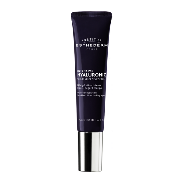 Institut Esthederm Intensive Hyaluronic Eye Contour Serum tube with cooling metal applicator tip, for intense dehydration, wrinkles and tired looking eyes