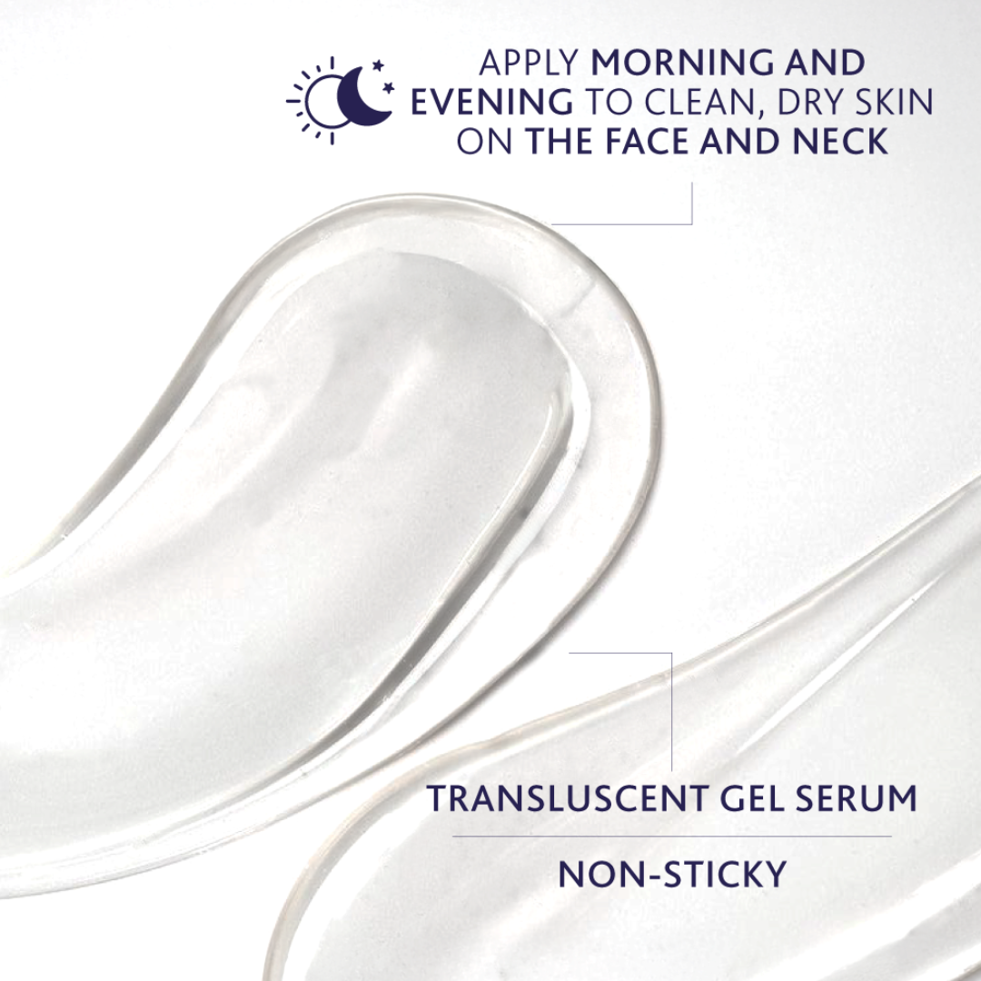 Translucent gel serum texture of Institut Esthederm Intensive Hyaluronic Serum, non-sticky, apply morning and evening to clean dry skin on the face and neck