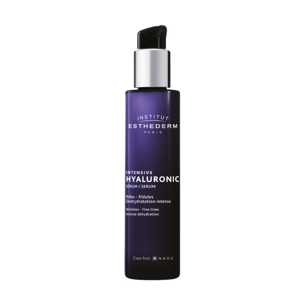 Institut Esthederm Intensive Hyaluronic Serum bottle shown against a white background, for wrinkles, fine lines and intense dehydration