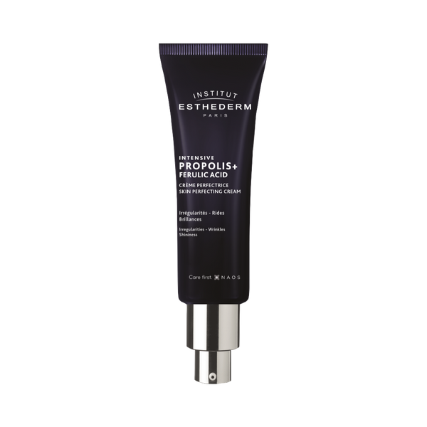 Institut Esthederm Intensive Propolis+ Ferulic Acid Skin Perfecting Cream tube shown against a white background, for irregularities, wrinkles and shininess