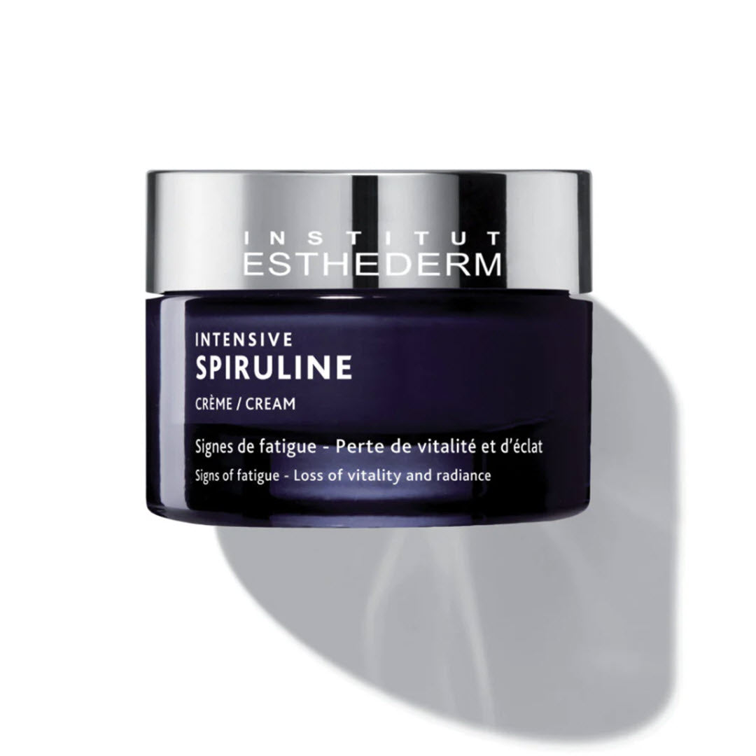 Institut Esthederm Intensive Spiruline Cream jar shown against a white background, for signs of fatigue, loss of vitality and radiance