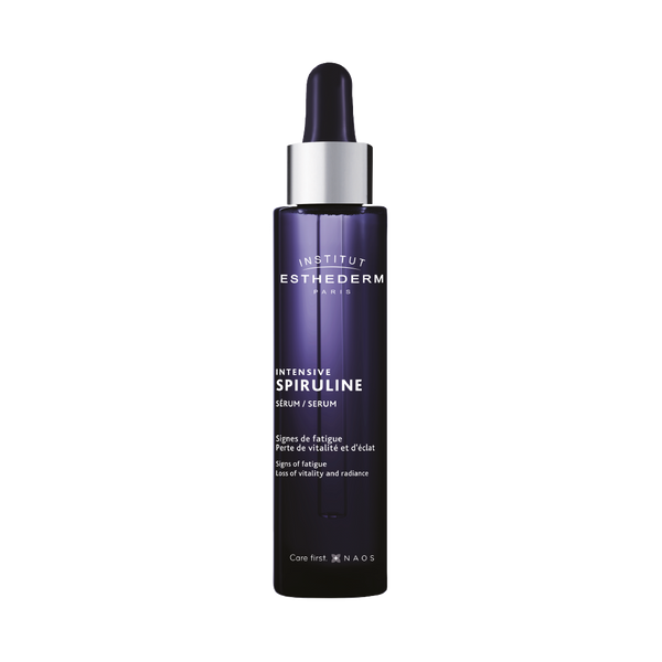 Institut Esthederm Intensive Spiruline Serum dropper bottle shown against a white background, for signs of fatigue, loss of vitality and radiance