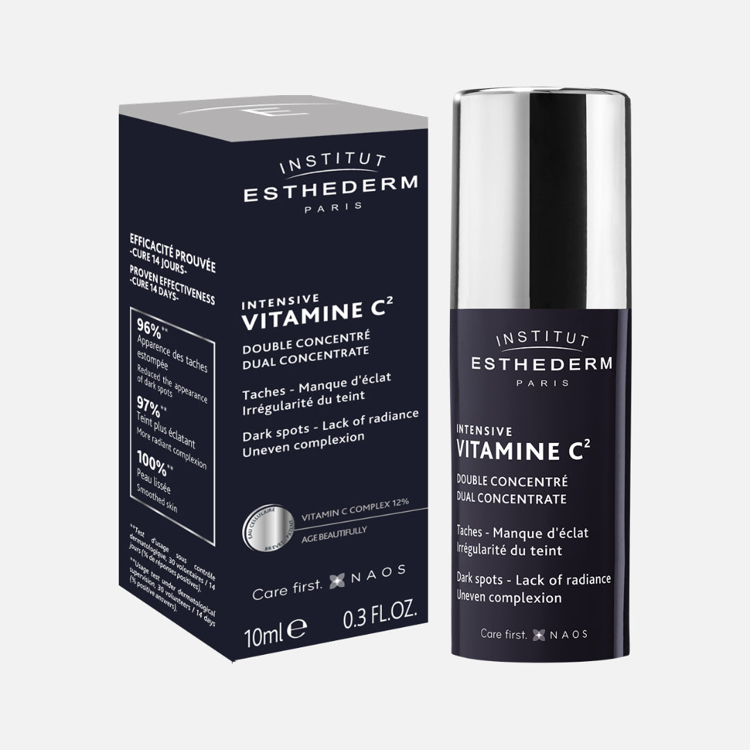 Institut Esthederm Intensive Vitamine C2 Dual Concentrate box and bottle, proven effectiveness after a 14 day cure: 96% reduced the appearance of dark spots, 97% more radiant complexion, 100% smoothed skin, with 12% vitamin C complex