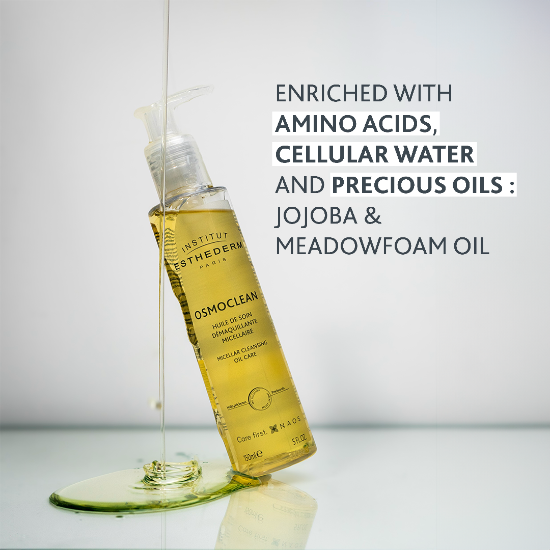 Institut Esthederm Micellar Cleansing Oil bottle with oil droplets, enriched with amino acids, cellular water and precious oils: jojoba and meadowfoam oil