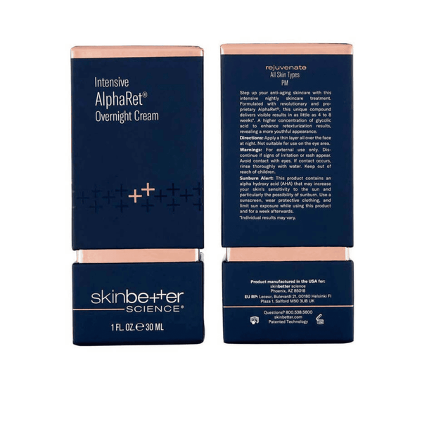skinbetter science Intensive AlphaRet Overnight Cream 1 fl oz 30ml box front and back with product directions