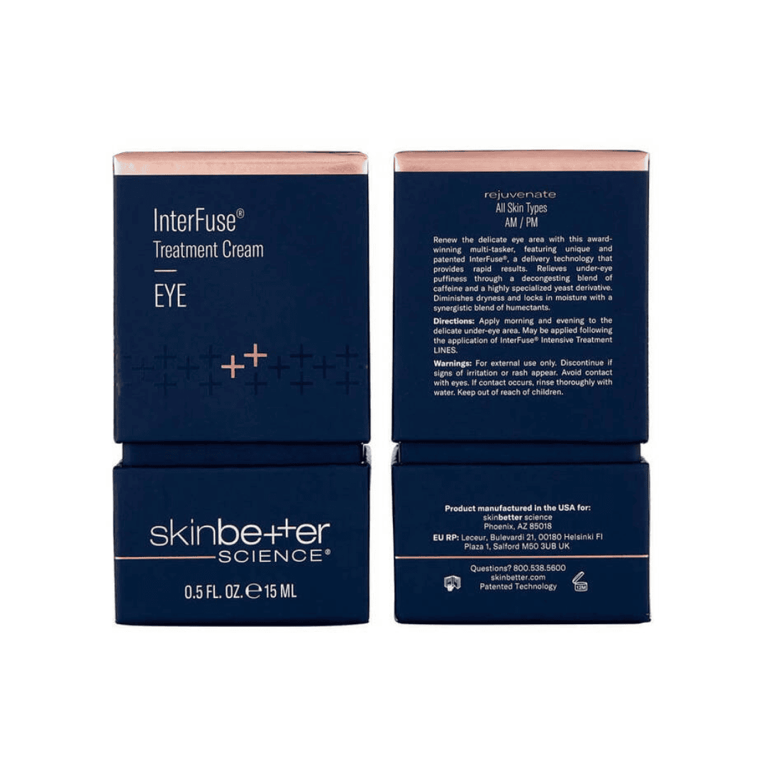 Skinbetter Science InterFuse Treatment Cream EYE tube angled view – brightening eye treatment with Kakadu plum vitamin C, caffeine, and hyaluronic acid