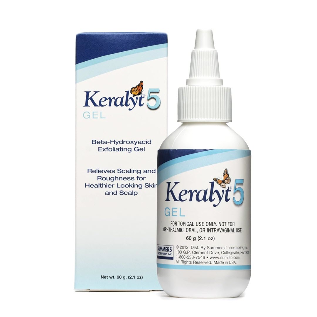 Keralyt 5 Gel bottle and box, a beta-hydroxyacid exfoliating gel that relieves scaling and roughness for healthier looking skin and scalp