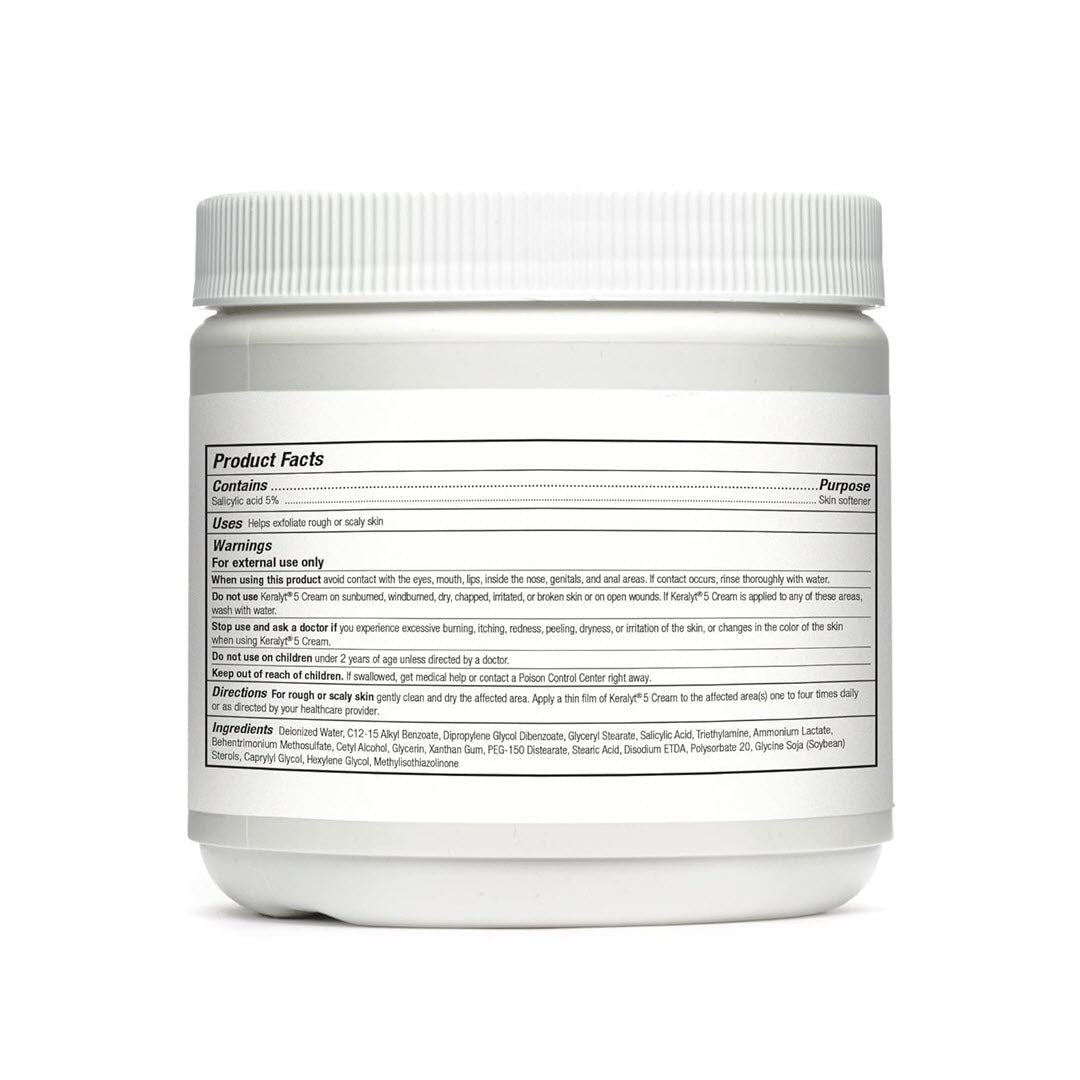 Keralyt 5 Cream product facts label listing 5% salicylic acid, uses, warnings, and directions for rough or scaly skin