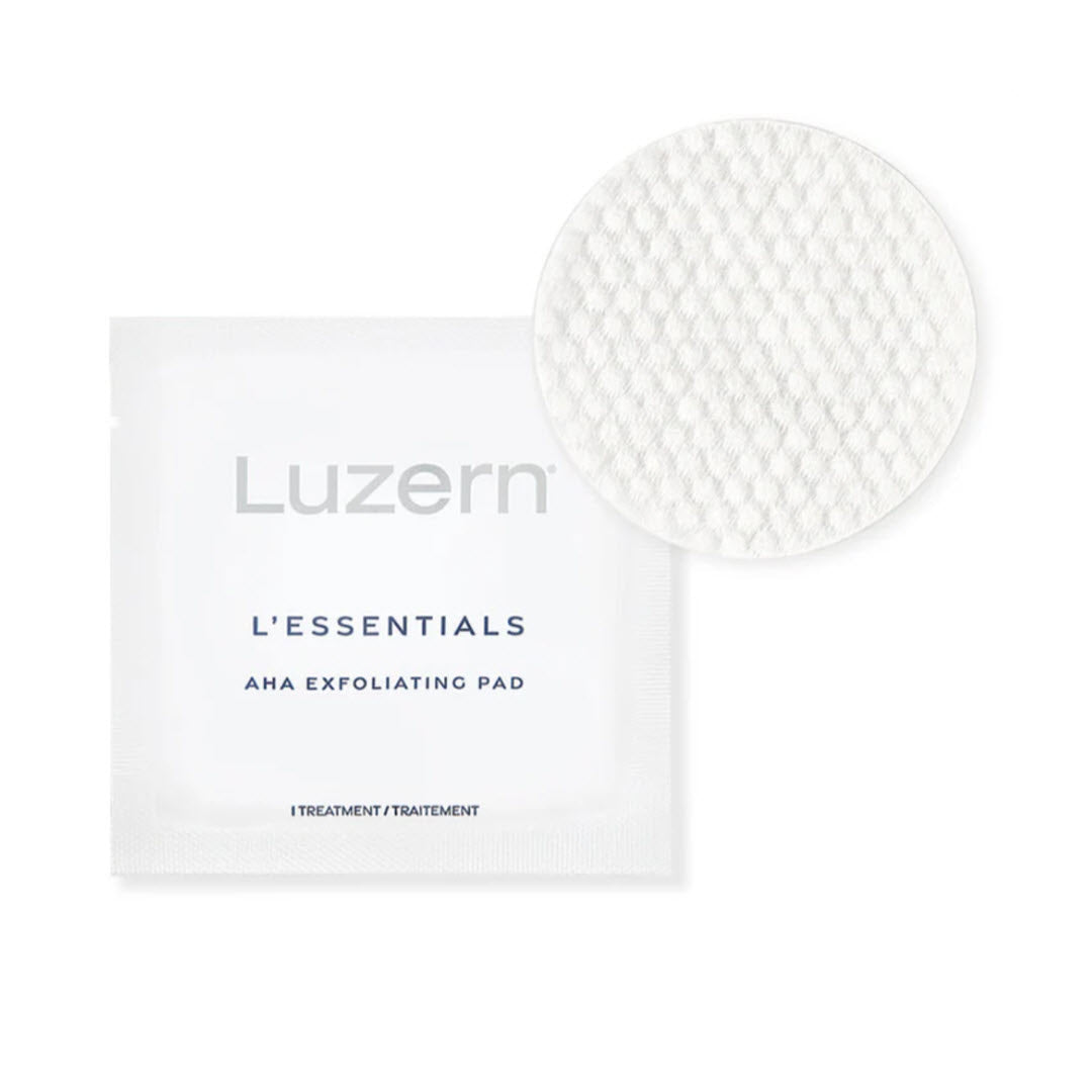 Luzern L'Essentials AHA Exfoliating Pad packet with a close-up of the textured pad