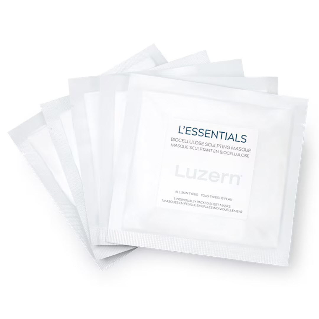 Five individually wrapped packets of Luzern L'Essentials Bio-Cellulose Sculpting Masque sheet masks fanned out