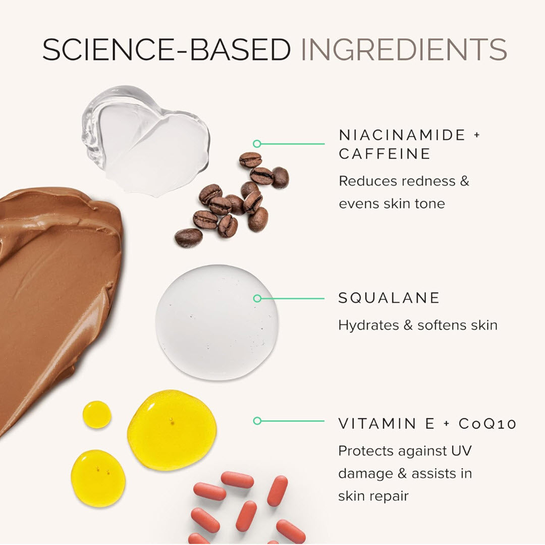 MDSolarSciences MD Mineral BB Crème ingredient infographic featuring niacinamide, caffeine, squalane, vitamin E and CoQ10