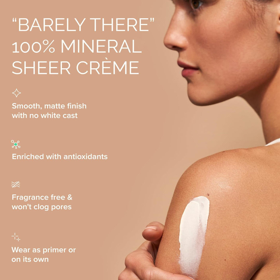 Woman applying MDSolarSciences Mineral Crème to shoulder with barely-there matte finish, antioxidant, fragrance-free and primer benefit callouts