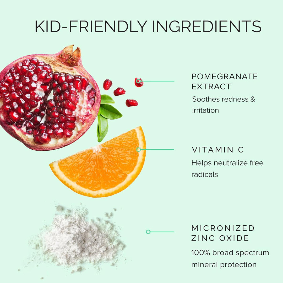 MDSolarSciences Mineral KidCrème ingredient infographic featuring pomegranate extract, vitamin C and micronized zinc oxide
