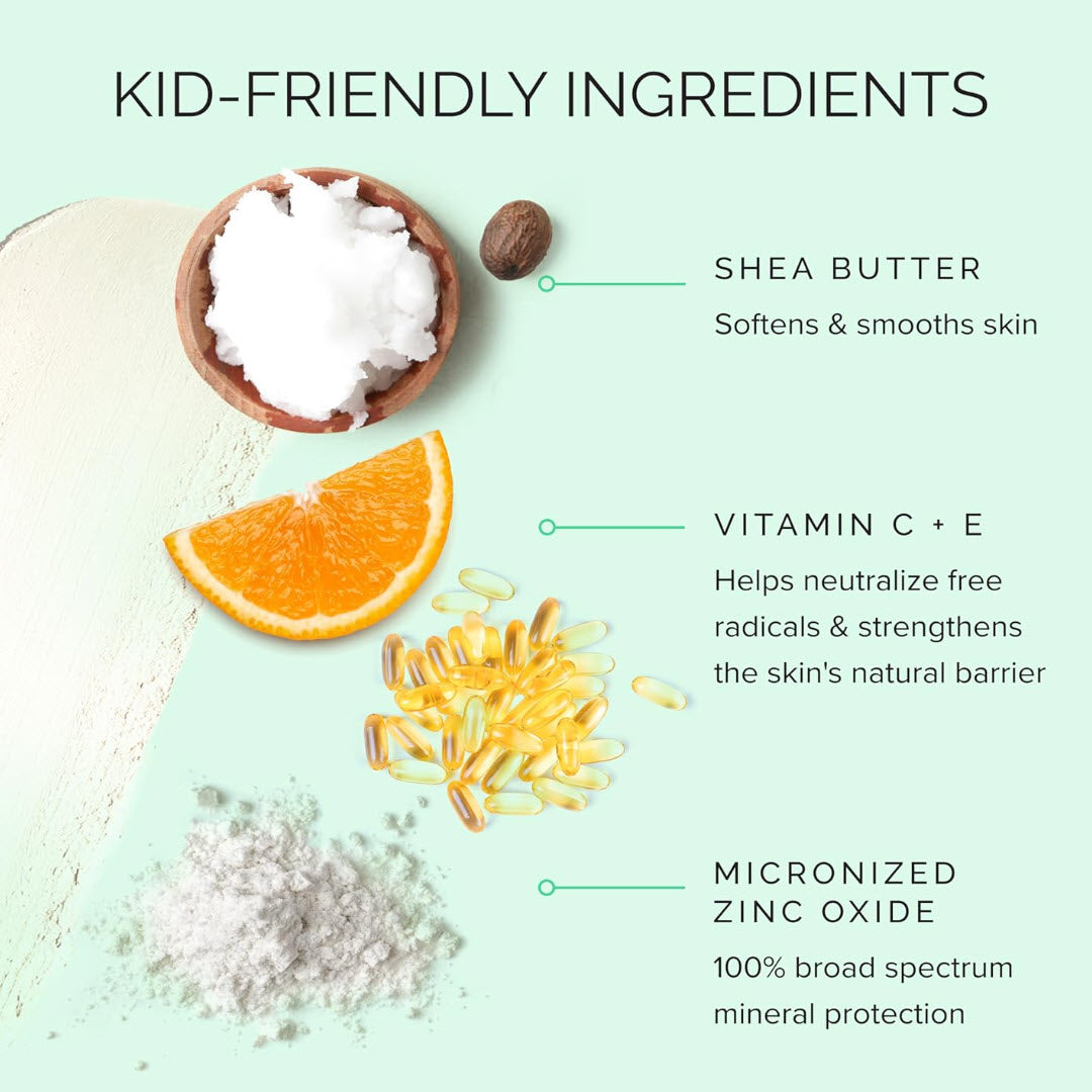 MDSolarSciences Mineral KidStick ingredient infographic featuring shea butter, vitamin C & E and micronized zinc oxide