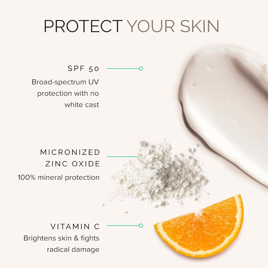 MDSolarSciences Mineral Moisture Defense infographic featuring SPF 50, micronized zinc oxide and vitamin C protection benefits