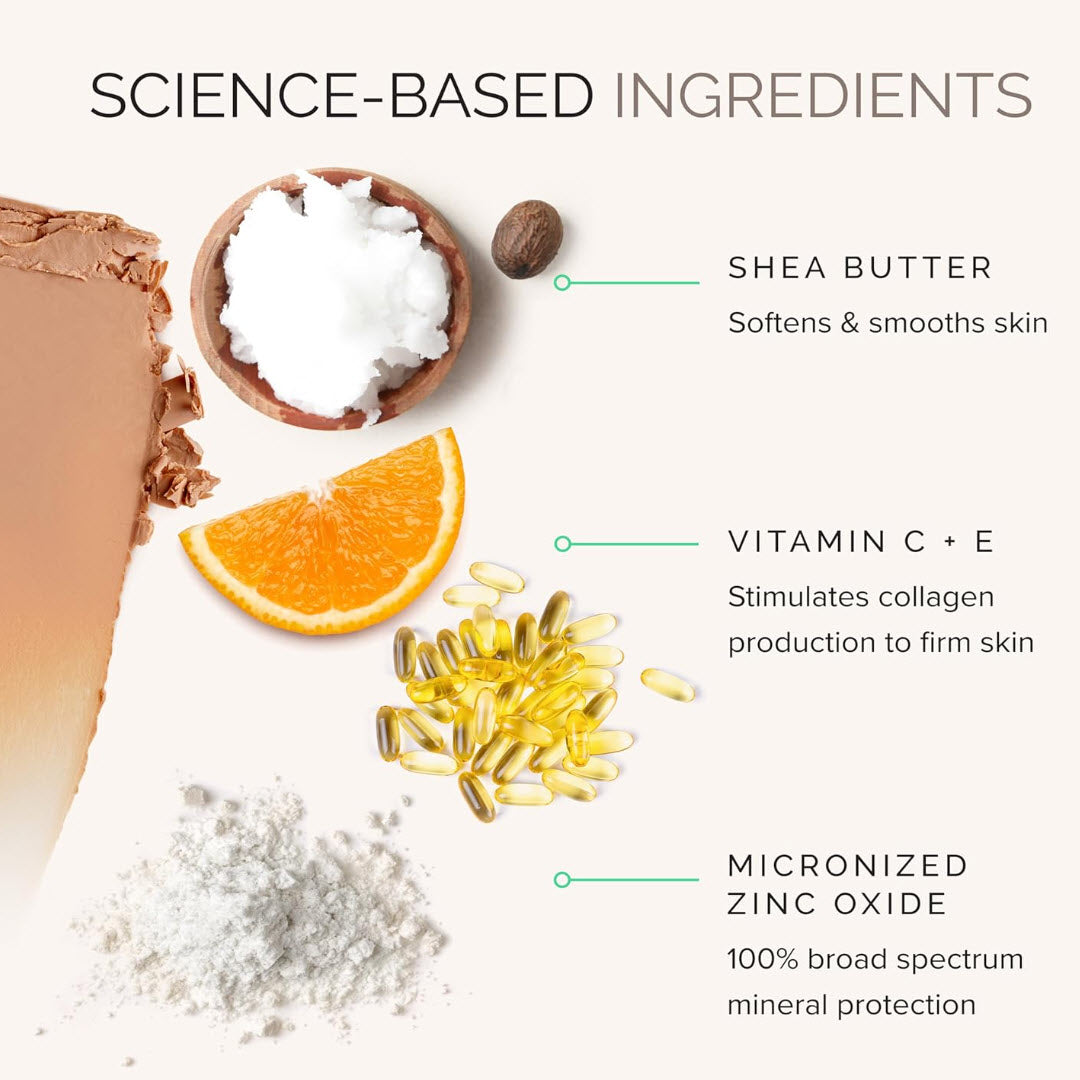 MDSolarSciences Tinted Solar Stick ingredient infographic featuring shea butter, vitamin C & E and micronized zinc oxide