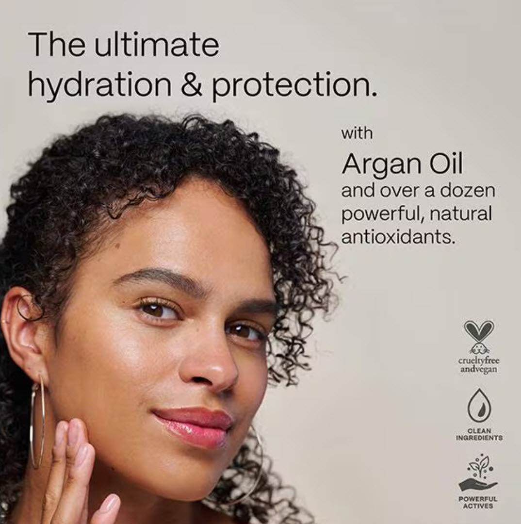 Woman with hydrated glowing skin next to Mad Hippie Antioxidant Facial Oil callout for Argan Oil and over a dozen natural antioxidants