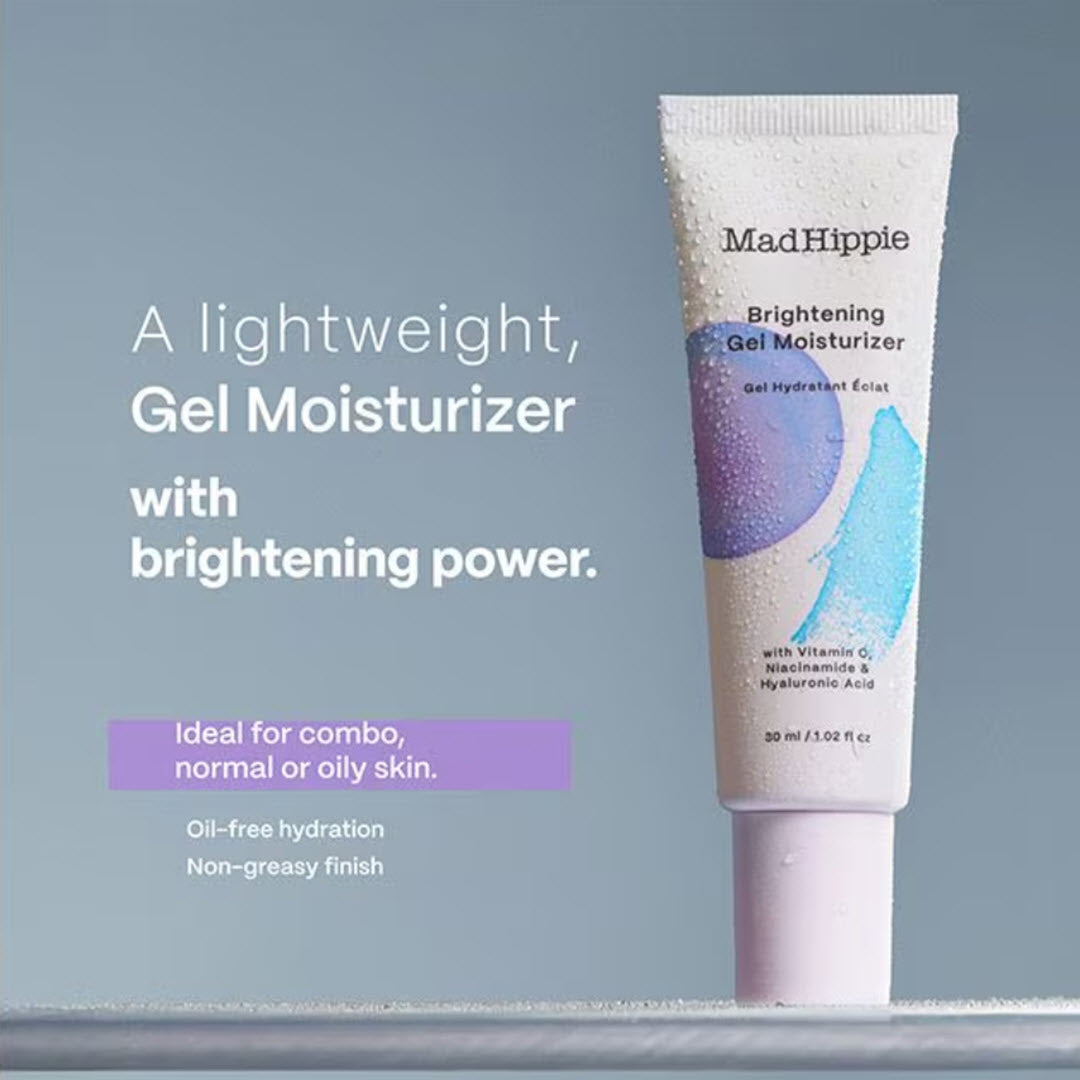 Mad Hippie Brightening Gel Moisturizer tube with lightweight, oil-free hydration callout for combo, normal, or oily skin