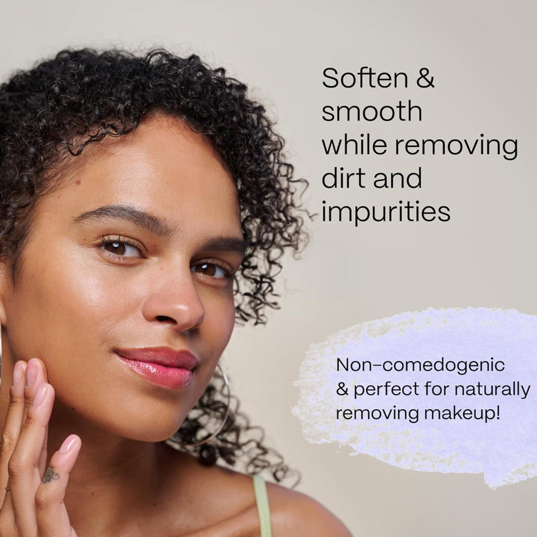 Woman with soft, clean skin next to Mad Hippie Cleansing Oil soften and smooth while removing dirt and impurities callout