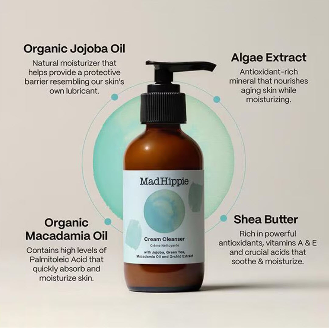 Mad Hippie Cream Cleanser bottle with key ingredient callouts for Organic Jojoba Oil, Algae Extract, Organic Macadamia Oil, and Shea Butter