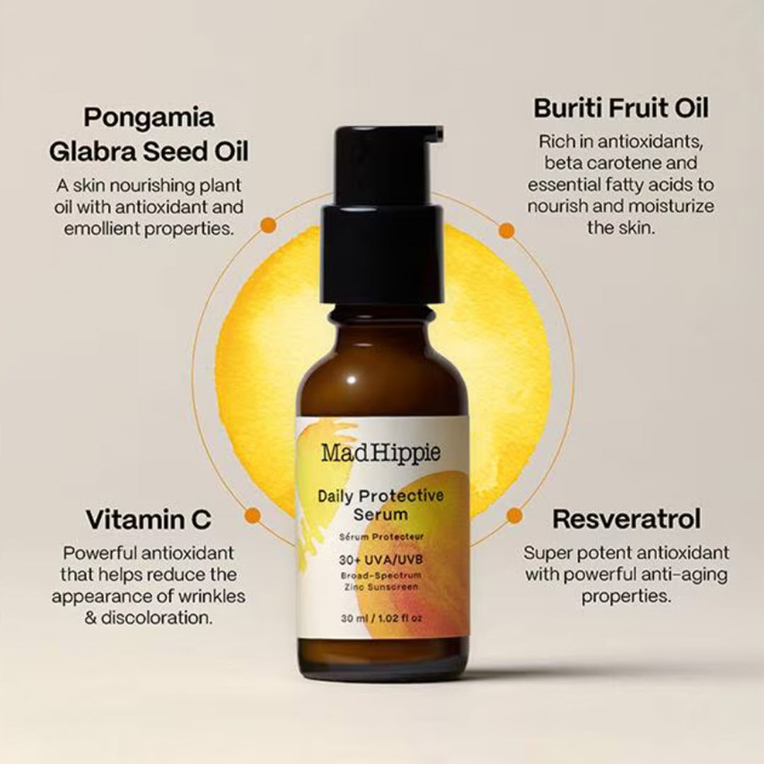 Mad Hippie Daily Protective Serum bottle with key ingredient callouts for Pongamia Glabra Seed Oil, Buriti Fruit Oil, Vitamin C, and Resveratrol