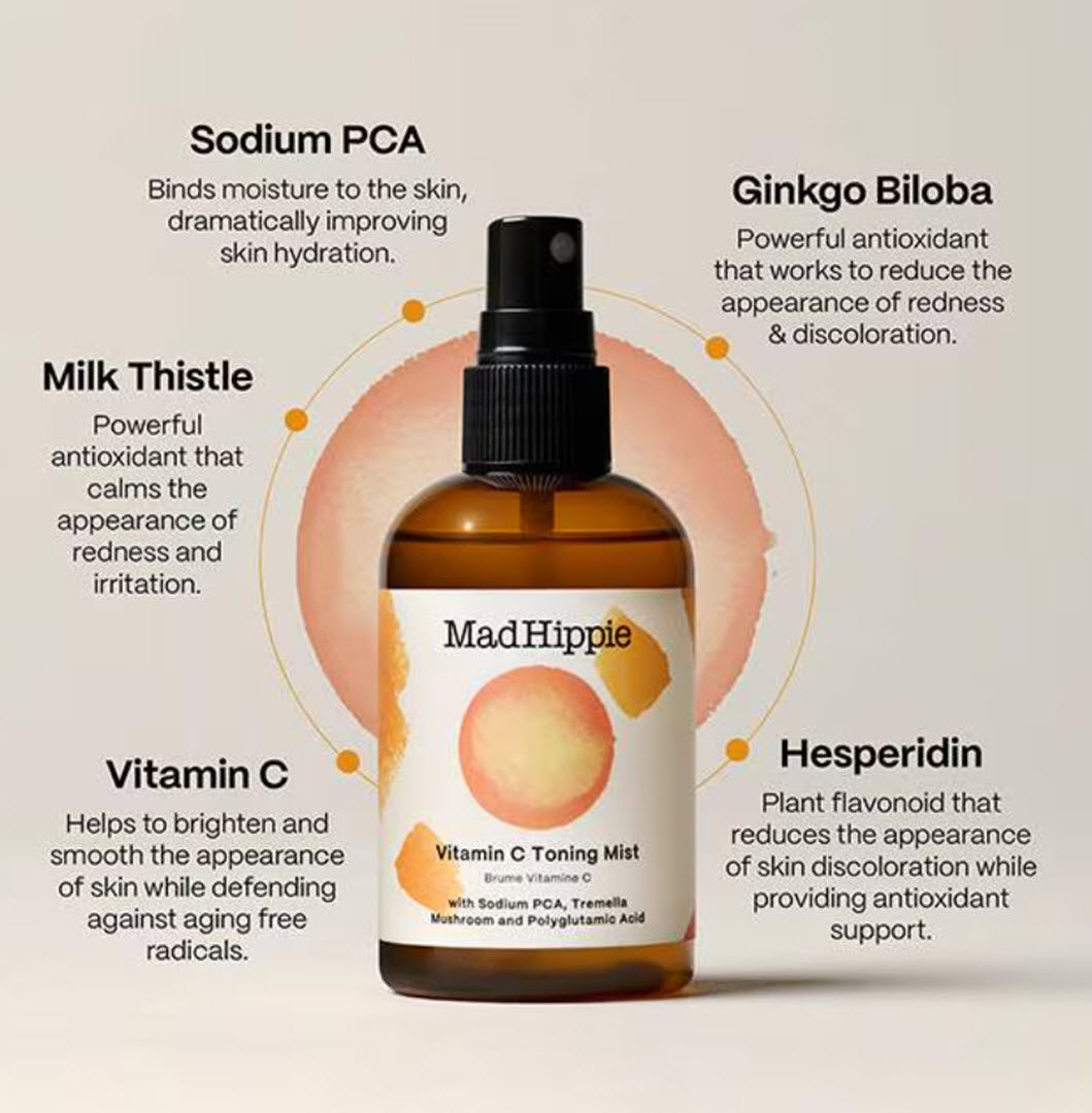 Mad Hippie Vitamin C Toning Mist bottle with key ingredient callouts for Sodium PCA, Milk Thistle, Vitamin C, Ginkgo Biloba, and Hesperidin