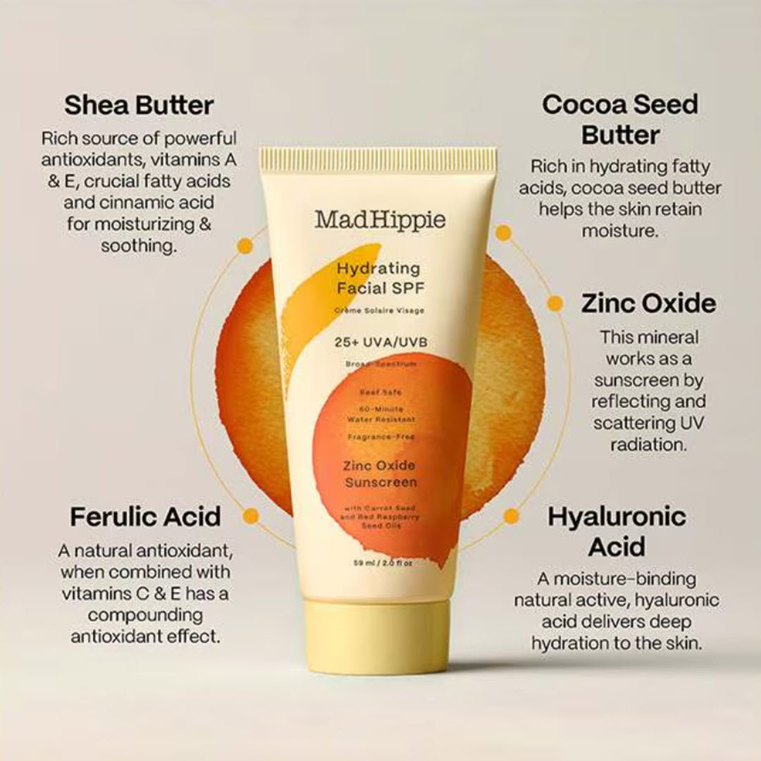 Mad Hippie Hydrating Facial SPF 25+ tube with key ingredient callouts for Shea Butter, Cocoa Seed Butter, Ferulic Acid, Zinc Oxide, and Hyaluronic Acid