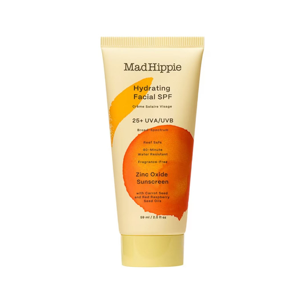 Mad Hippie Hydrating Facial SPF 25+ zinc oxide sunscreen tube with Carrot Seed and Red Raspberry Seed Oils, 2.0 fl oz