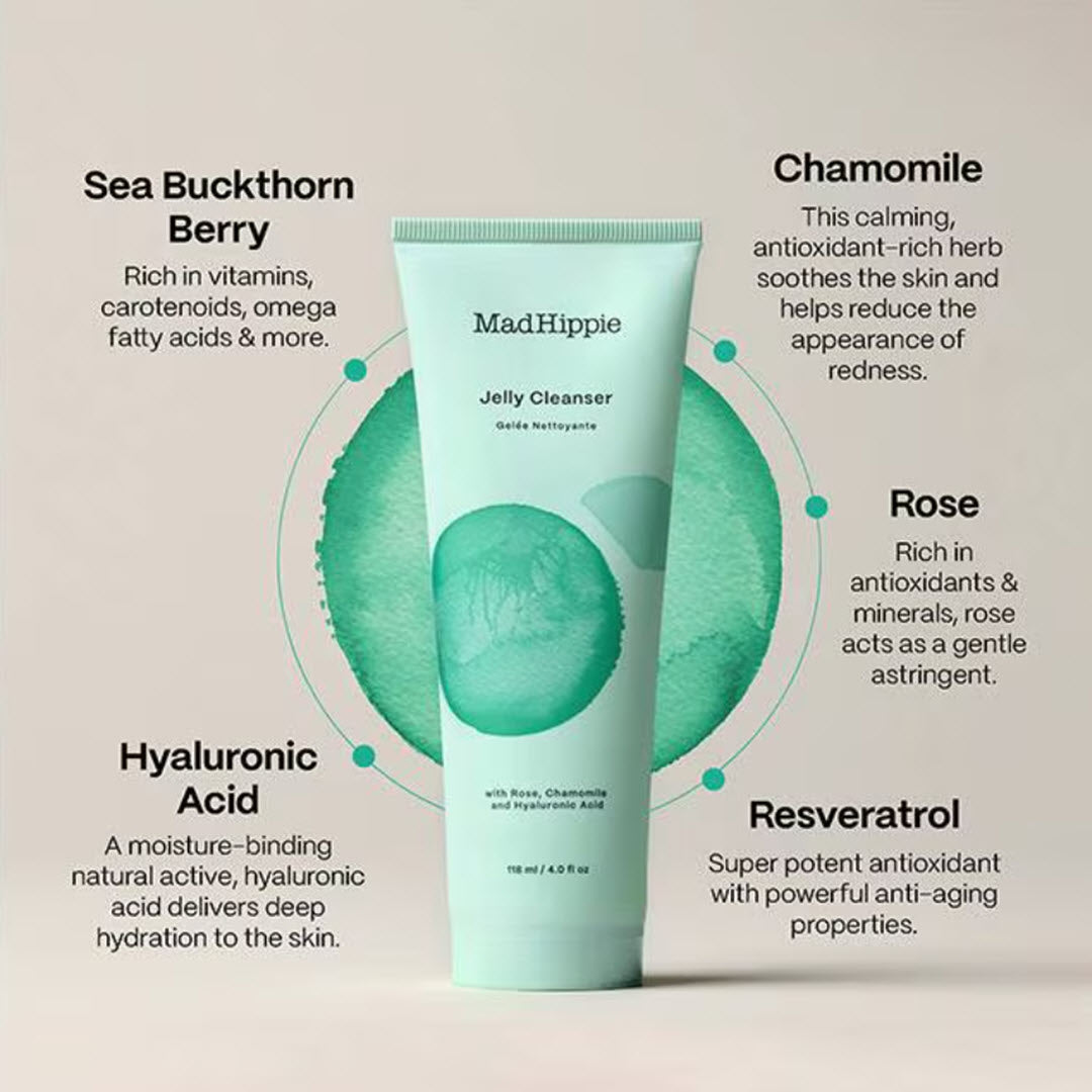 Mad Hippie Jelly Cleanser tube with key ingredient callouts for Sea Buckthorn Berry, Chamomile, Hyaluronic Acid, Rose, and Resveratrol